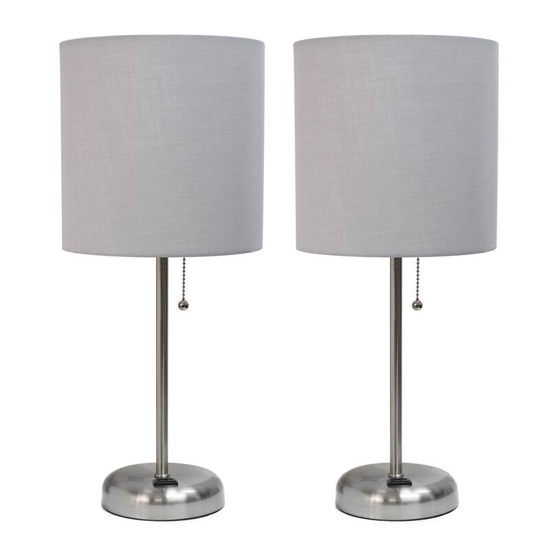 Simple Designs 19.5" 2 Pack Table Desk Lamp Set with Charging Outlet - 19.50 - Brushed Steel/Gray Shade