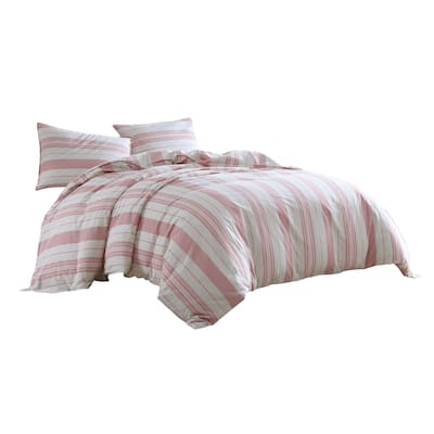 3 Piece Queen Comforter Set with Vertical Stripes Pattern, White and Pink