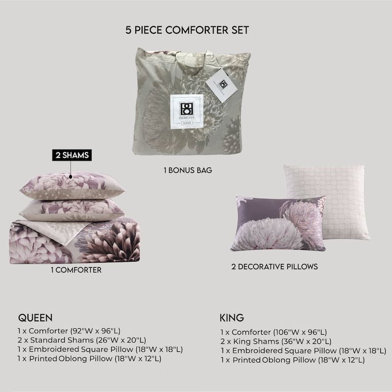 Bebejan Dahlia Purple 100% Cotton Sateen 5 Piece Reversible Comforter Set