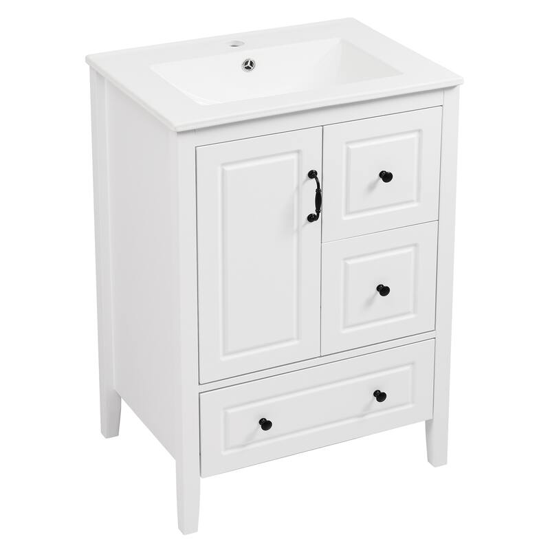 24 Inch Bathroom Vanity With Sink, One Cabinet With Soft-Closing Door, 3 Soft-Closing Drawers, Retro Metal Handles