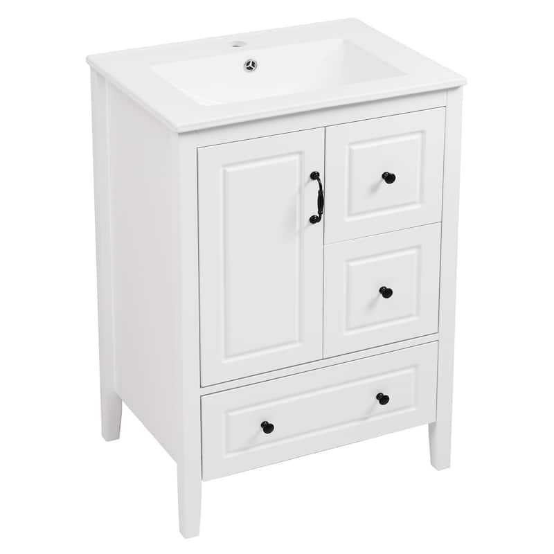 Roomfitters Bathroom Vanity with Sink, Single Cabinet with Soft-closing Door and Three Soft-closing Drawers, Retro Handles