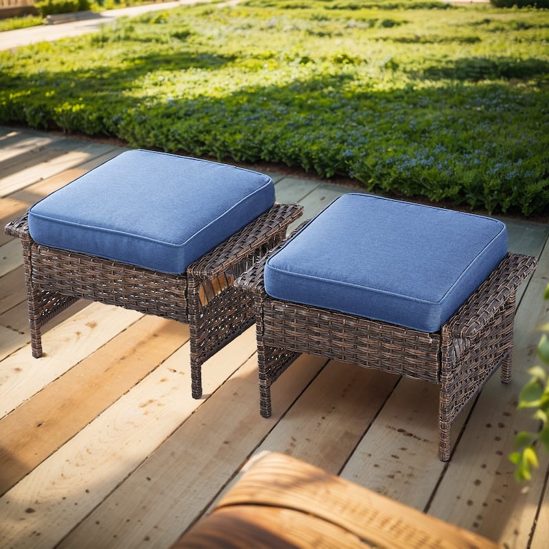 Gymojoy Patio Ottomans Rattan Footstool with Cushions - Brown - Blue