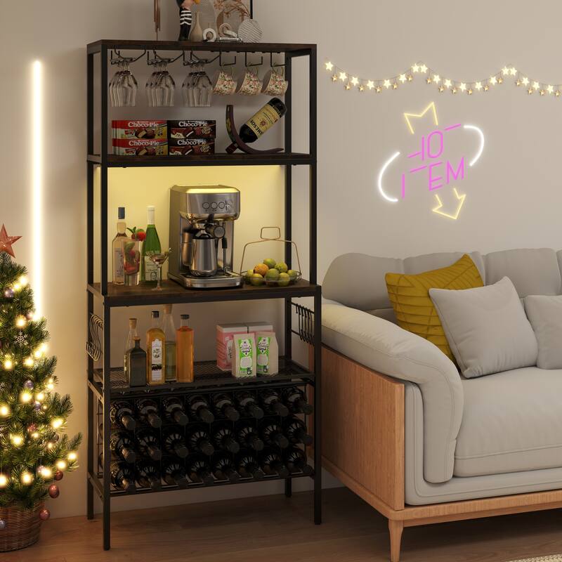 Gymax 3-Tier Wine Rack Coffee Bar Station w/Power Outlets Hooks Glass