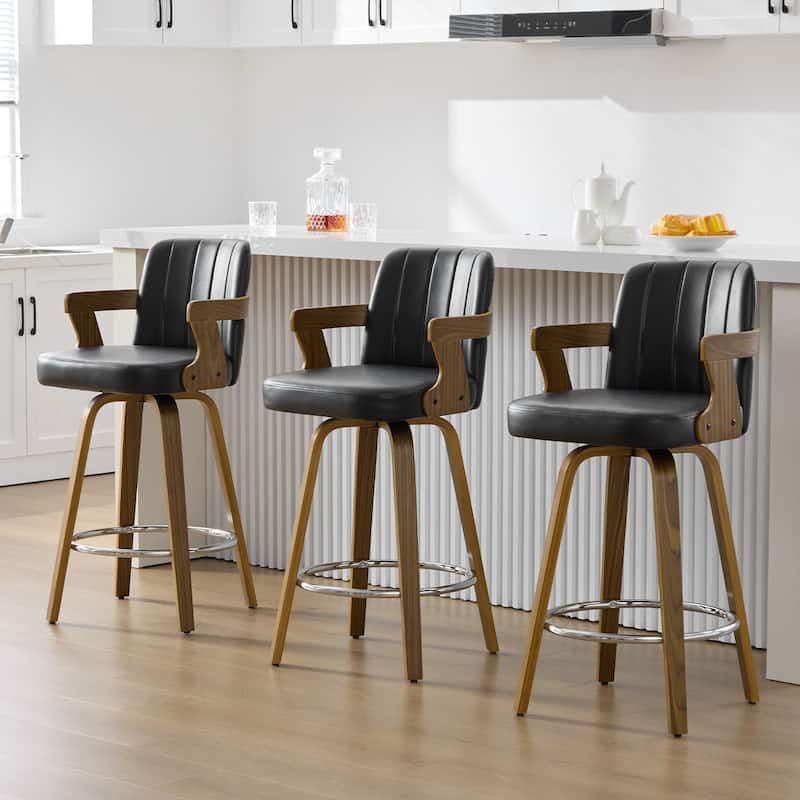 Upholstered Swivel Barstool with Arms and Bentwood Legs - 40.8"H x 18.9"W x 19.5"D/19.3"D