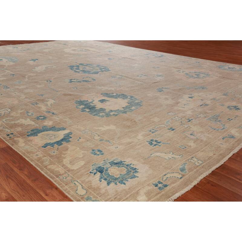 Hand Knotted Oriental 100% Wool Carpet Transitional All-Over Brown Oushak Area Rug - 12' 11'' X 9' 4''