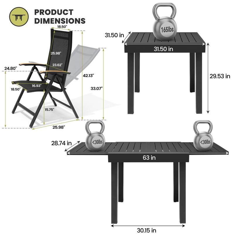 5/7/11-Piece Outdoor Patio Dining Set Aluminum Expandable Rectangular Dining Table with Adjustable Back Folding Chairs