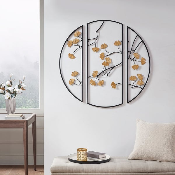 slide 2 of 5, 3-Piece Metal Wall Decor Set , Gold Ginkgo Leaves on Black Frame Metal Wall Decor Set, 9.5x31.3x0.8 in. (2)/14.6x35.4x0.8 in. Framed - Black+Gold