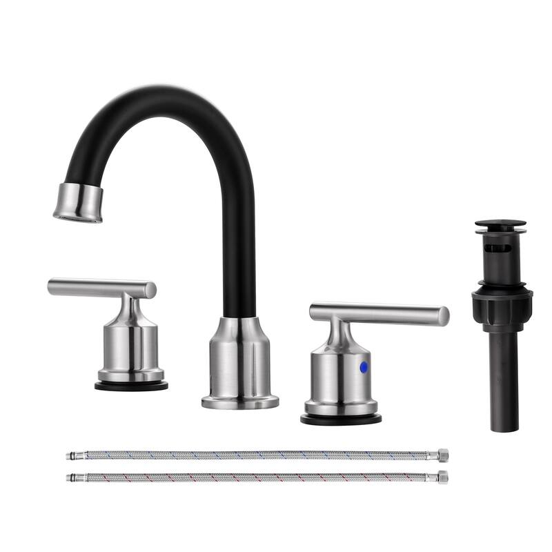 WOWOW 8 in. Widespread Double-Handle Bathroom Faucet with Drain Kit - Brushed Nickel and Black