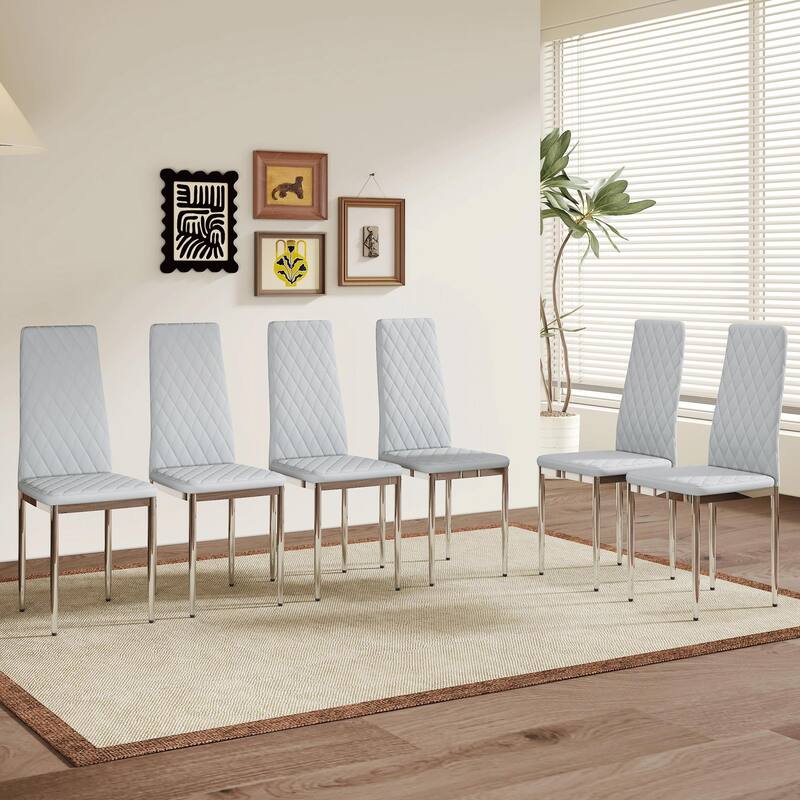 Elegant Modern Dining Chairs: PU Seats & Silver Metal Legs – Perfect for Minimalist Homes & Versatile Settings. - Set of 6 - Light Gray,Silver