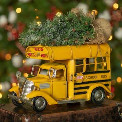 Vintage Style Small Conversion School Bus with Christmas Tree & LED Lights - 12.6" L x 5.5" W x 7.5" H