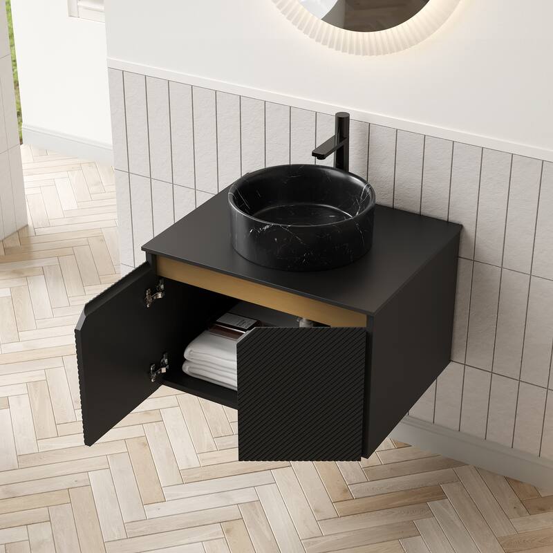 24" Bathroom Vanity & Sink, Wall-Mounted Floating Plywood Storage Cabinet, Twill Double Doors with Metal Trim