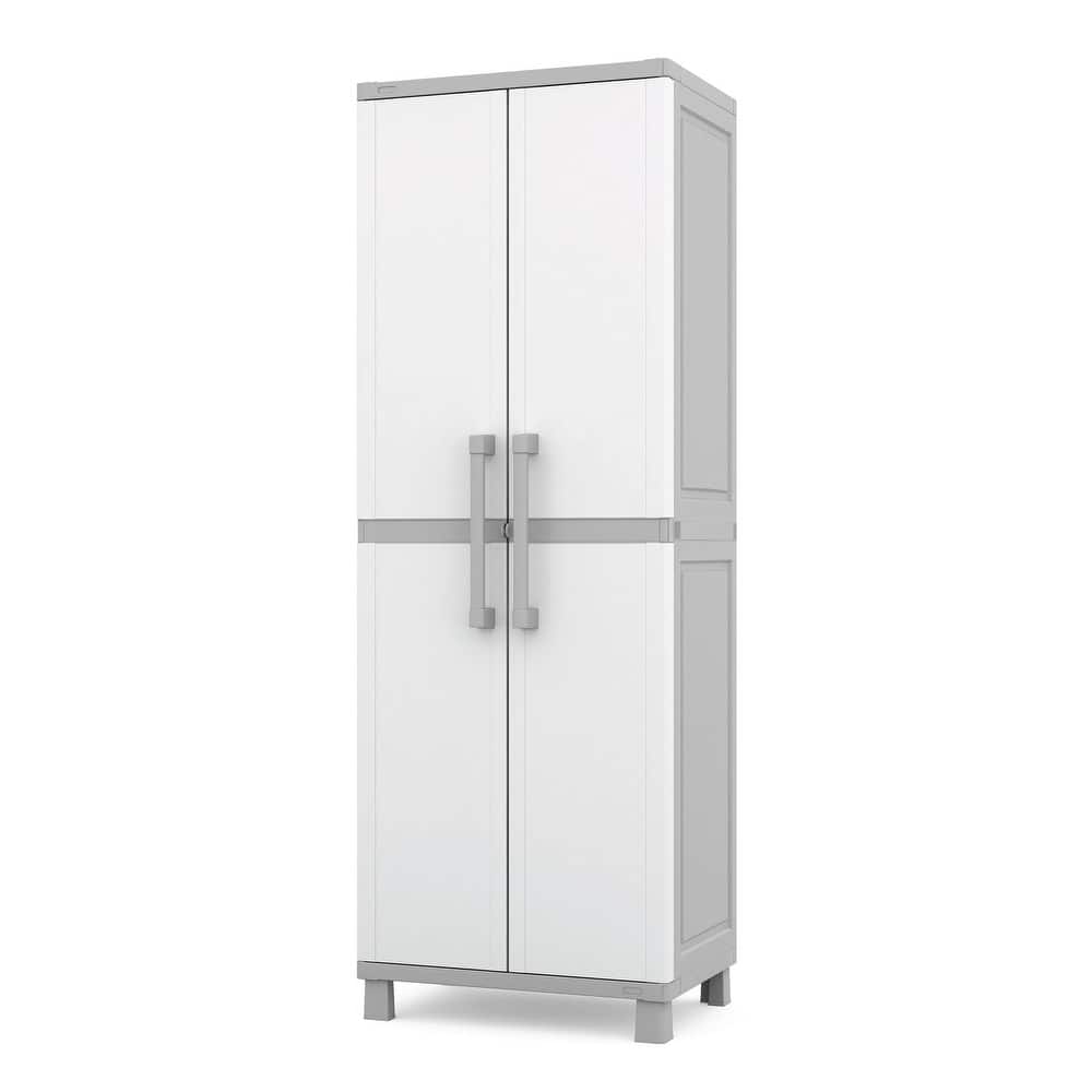 Keter Utility Garage Vertical Resin Home Storage Cabinet with lockable Doors and Shelves Ideal for Organization and Tools, White