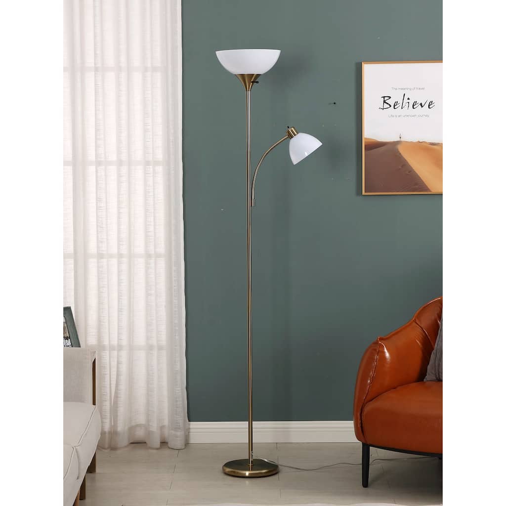Brightech Sky Dome Plus 72 in. Antique Brass Industrial 2-Light 3-Way Dimming LED Floor Lamp with 2 White Plastic Bowl Shades