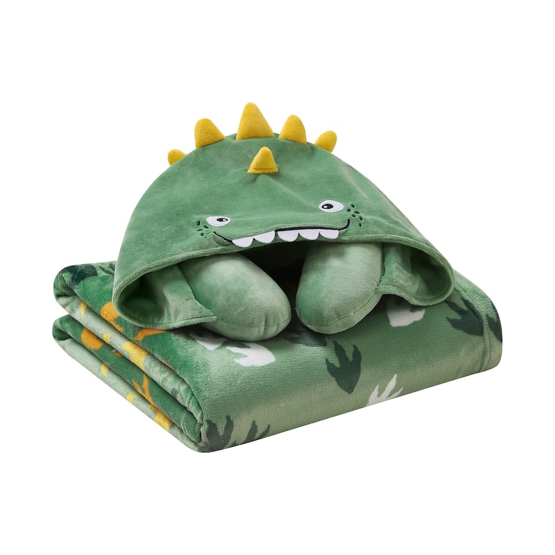 3D Animal Neck Pillow and Throw Set for Kids - Green