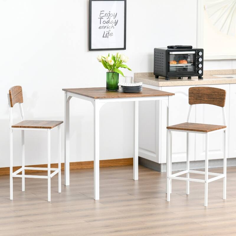 Modern Space-Saving 5-Piece MDF Dining Table Set Including 4 Stools with Steel Frame and Footrest - 35.5" L x 35.5" W x 35.5" H - White-Brown