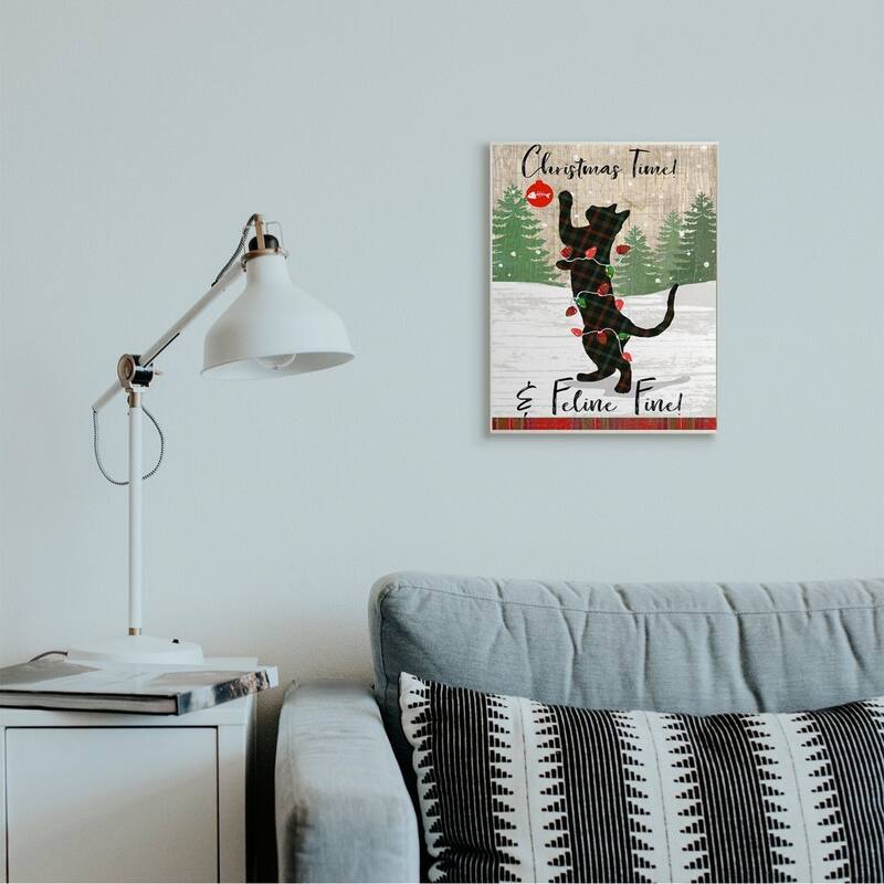 Stupell Country Holiday Christmas Time Phrase Family Cat Scene Wood Wall Art - Multi-Color