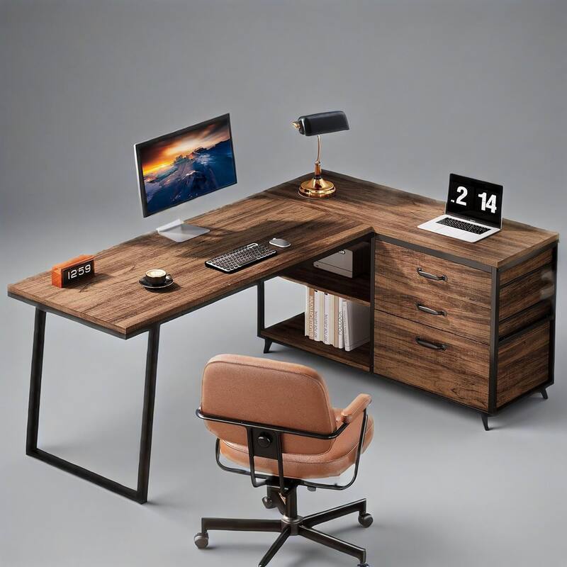 Reversible Corner L-Shaped Office Desk with 3 Drawers and 2-Tier Storage Shelves for Home Use