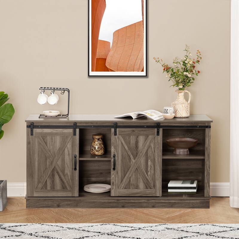 Farmhouse Rustic Wooden 60" TV Stand with Storage Console Cabinet, Sliding Barn Doors Entertainment Center