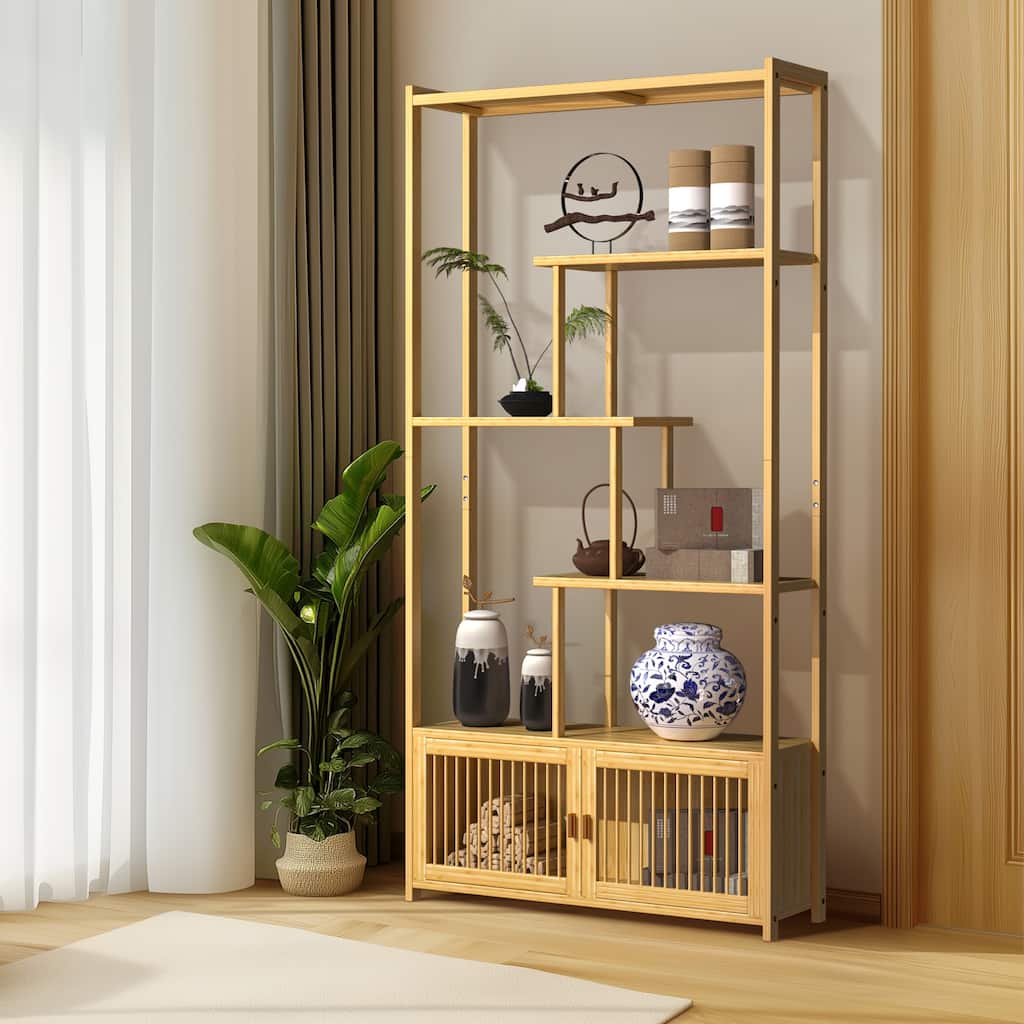 Natural Bamboo 5-Tier Bookcase with Storage Cabinet