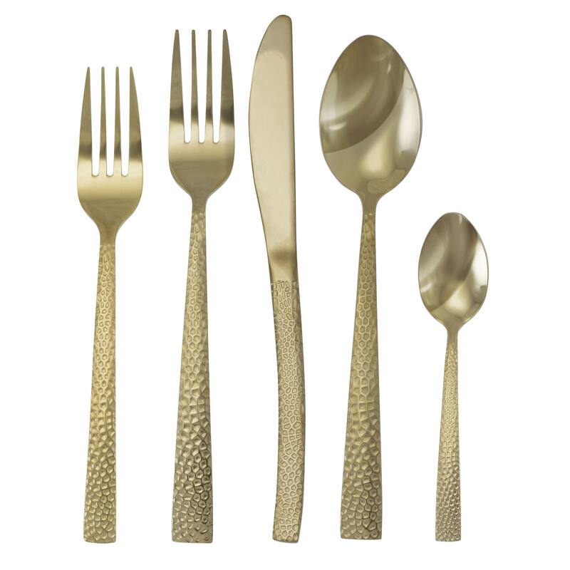 Daisy 20 Piece Hammered Design Stainless Steel Silverware Set in Gold