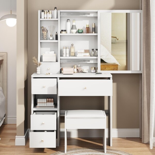 Compact Vanity Table with Sliding Mirror and Cushioned Stool White