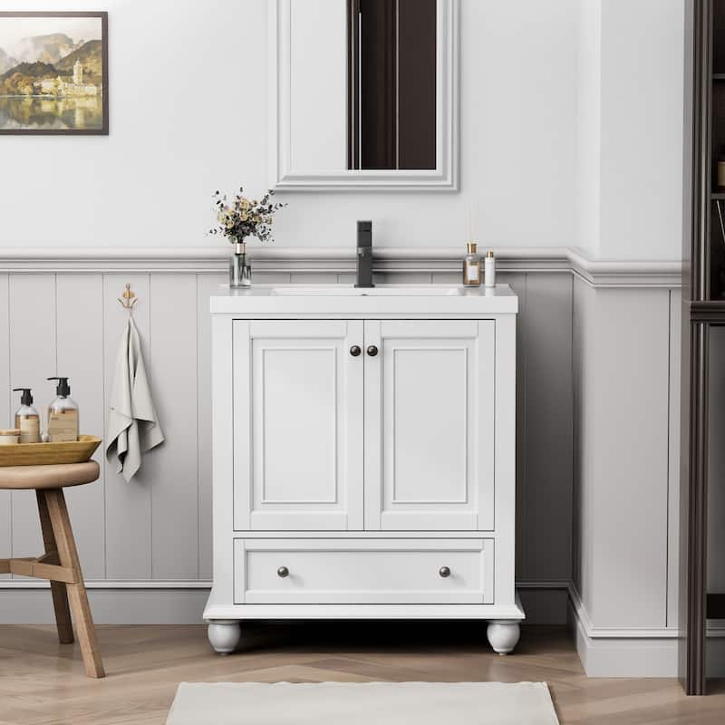 Retro Bathroom Vanity Cabinet Solid Wood Classic with Ceramic Sink - 30 in - White