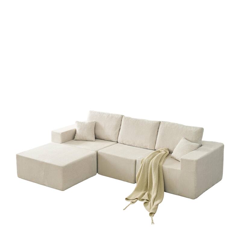 Modular L Shaped Sectional Sofa with Ottoman, Corduroy Boneless Cloud Sofa, 3 Seater Upholstered Sofa with 2 Pillows