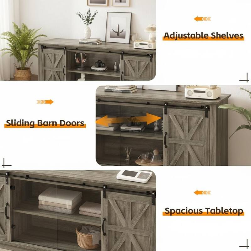 TV Stand with Two Barn Doors and Storage Cabinets