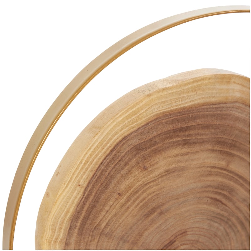 Brown Wood Handmade Live Edge Slab Abstract Decorative Sculpture with Gold Metal Rings (Set of 2)