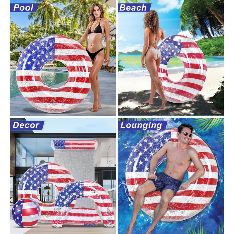 POZA Inflatable USA Flag Giant Pool Float Tube with Sparkle Confetti - 48 inches