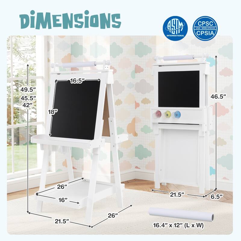 Kids Adjustable Art Easel with Chalkboard Whiteboard Paper Roll and Storage Folding Wooden Drawing Board - 21.5" x 26" x 42"