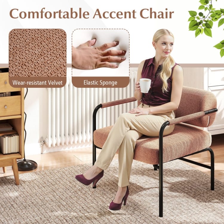 Brown Velvet Metal Accent Chair with Thick Cushion and Armrests - 27.5" x 25.5" x 29"