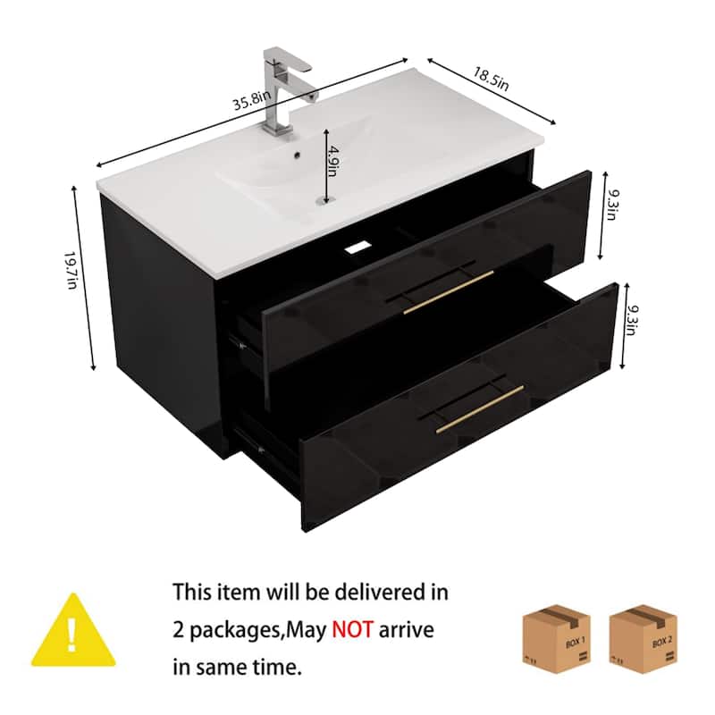 36-Inch Gloss Wall-Mounted Bathroom Vanity with Sink Combo,Double Drawers,Ceramic Sink, Long Gold Metal Handle