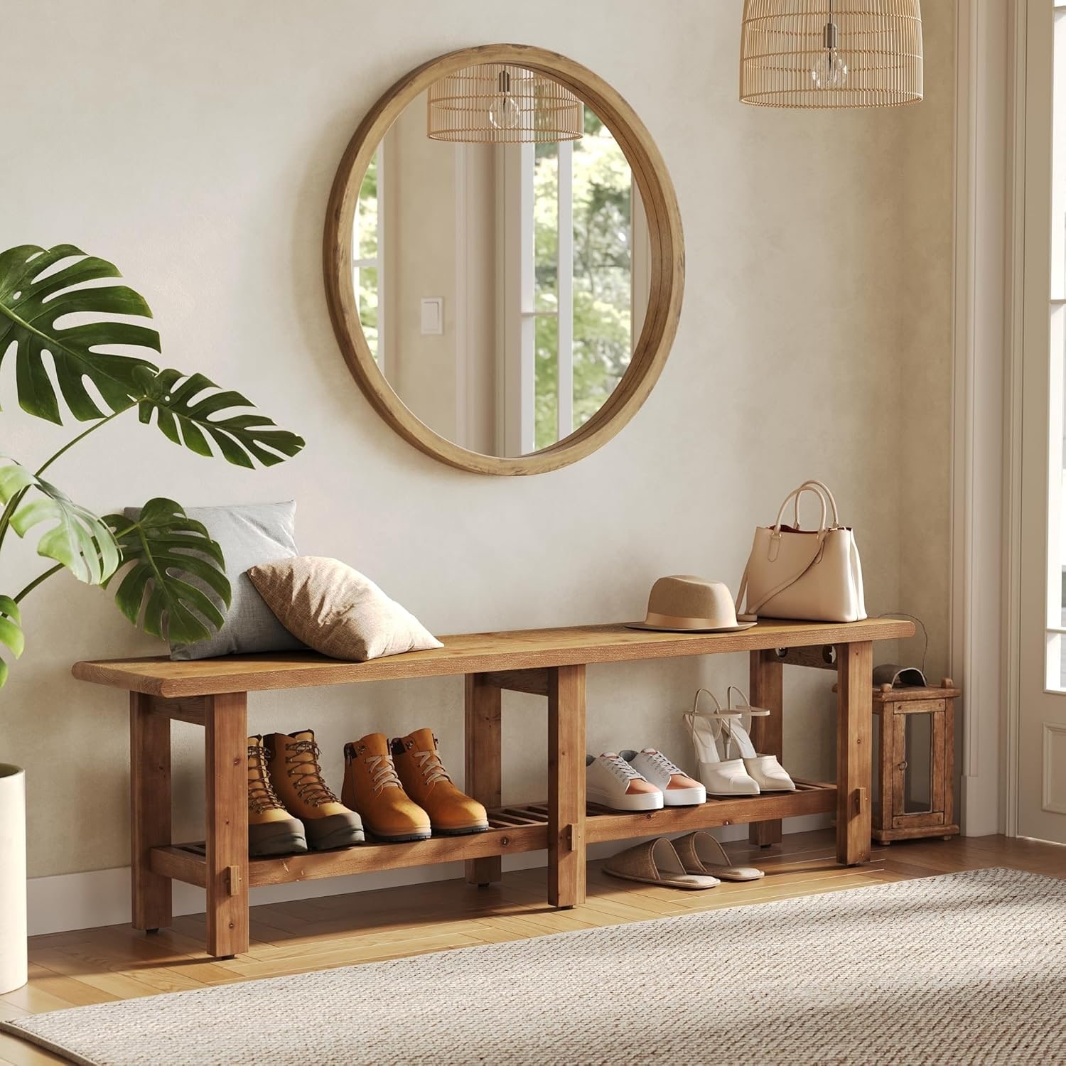 2-Tier Solid Wood Entryway Shoe Bench, 63" End of Bed Bench Shelf