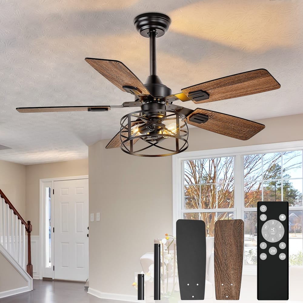 42-52Inch Caged Ceiling Fans with Lights: Dual Finish 5 Blades - Rustic with Remote Control (E26 Bulb Included)