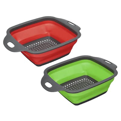 Collapsible Colander Set, 2 Size Silicone Square Strainer - red green - 24cm x 18.4cm x 7.5cm