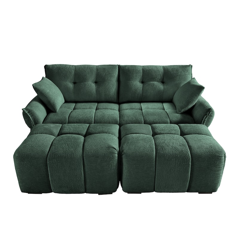 78.7" Chenille 2-Seater Sofa Set with 2 Ottomans and Throw Pillows, Plush Deep Seating Design