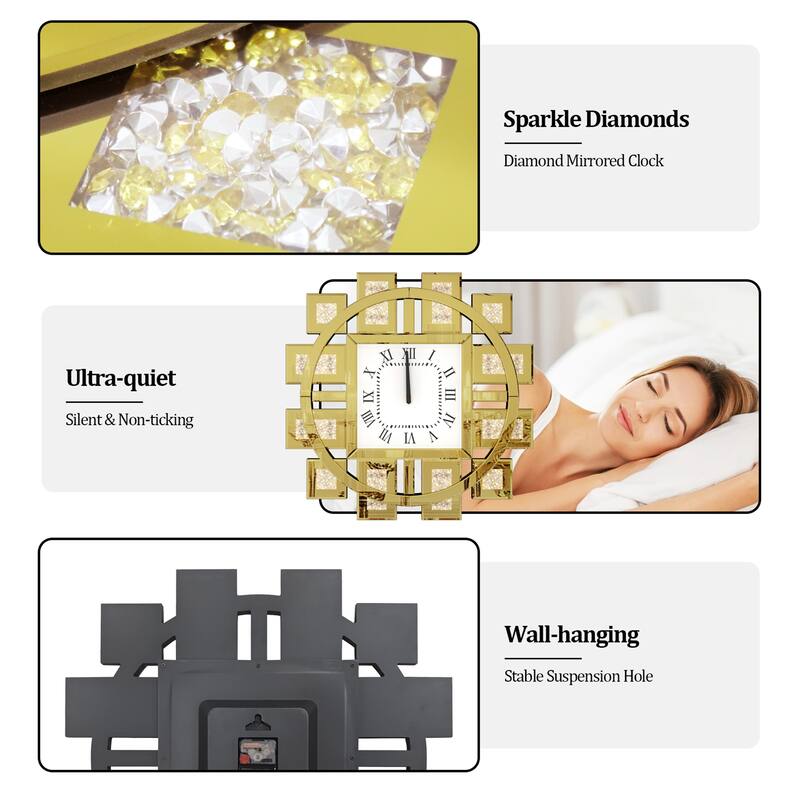 Gold/Silver Irregular Luxury Mirrored Wall Clock w/Crushed Diamond Inlay - 23.62x23.62 inch