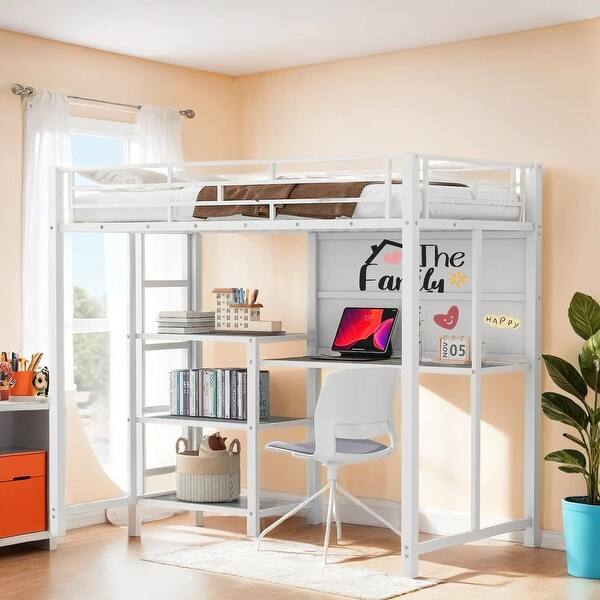 slide 2 of 20, Twin Size Loft Bed with Desk, Whiteboard, 3 Shelves and Ladder, White White