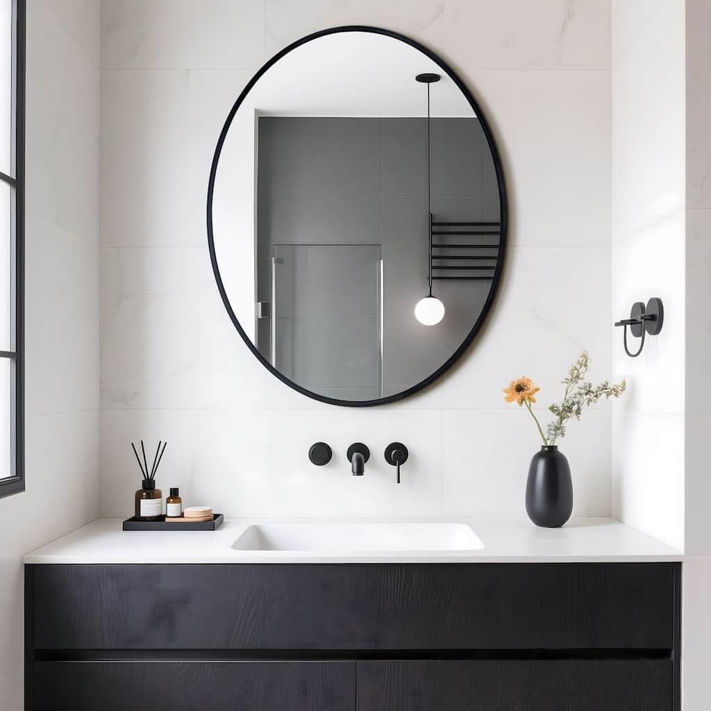 Black Oval Mirror for Bathroom Aluminium Alloy Frame Wall Mount Mirror