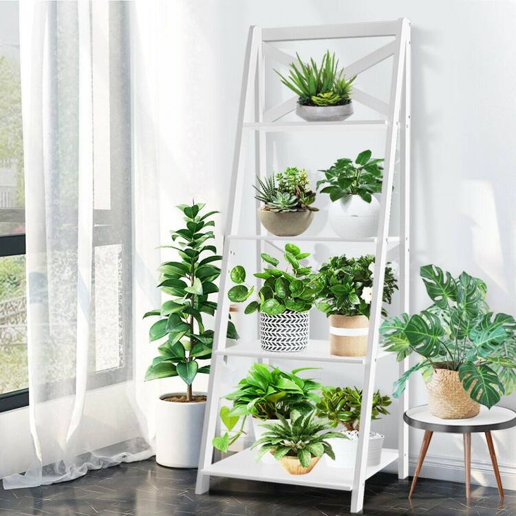 4-Tier Leaning Free Standing Ladder Shelf Bookcase - 20" x 18" x 56" (L x W x H)