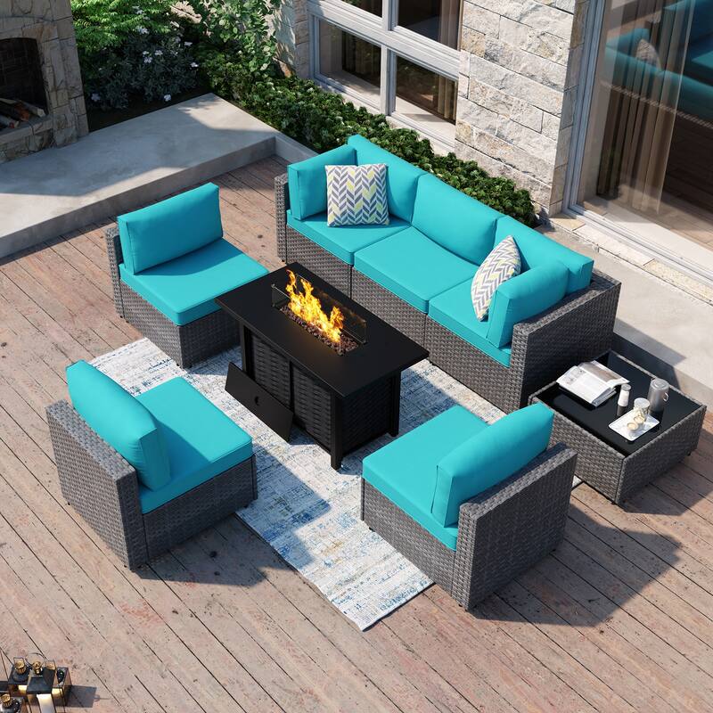 8-Piece Outdoor Patio Wicker Conversation Set with Fire Pit Table, Sectional Sofa & Cushions - N/A