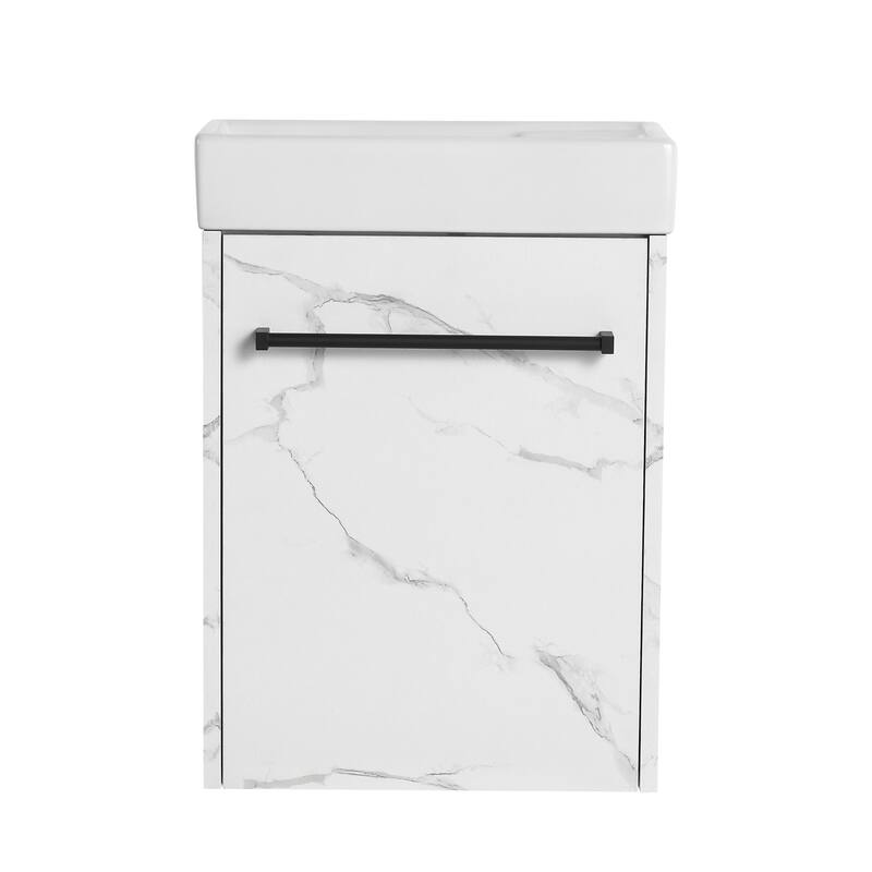 16" Wall-Mounted Bathroom Vanity with Carrara White Ceramic Sink, Soft-Close Doors, and Ample Storage
