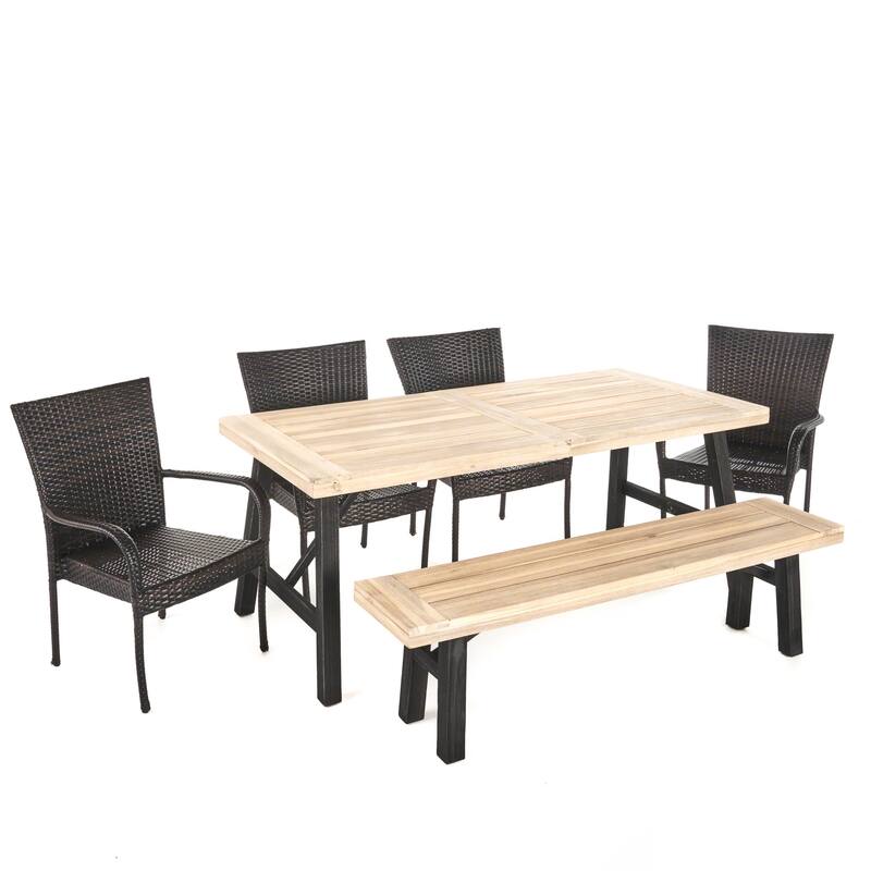 Philippa Outdoor 6 Seater Acacia Wood Dining Set with Wicker Stacking Chairs by Christopher Knight Home
