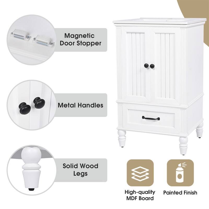 20" Bathroom Vanity with Ceramic Sink Top, Freestanding Bathroom Vanity Cabinet with 2 Doors and 1 Storage Drawer