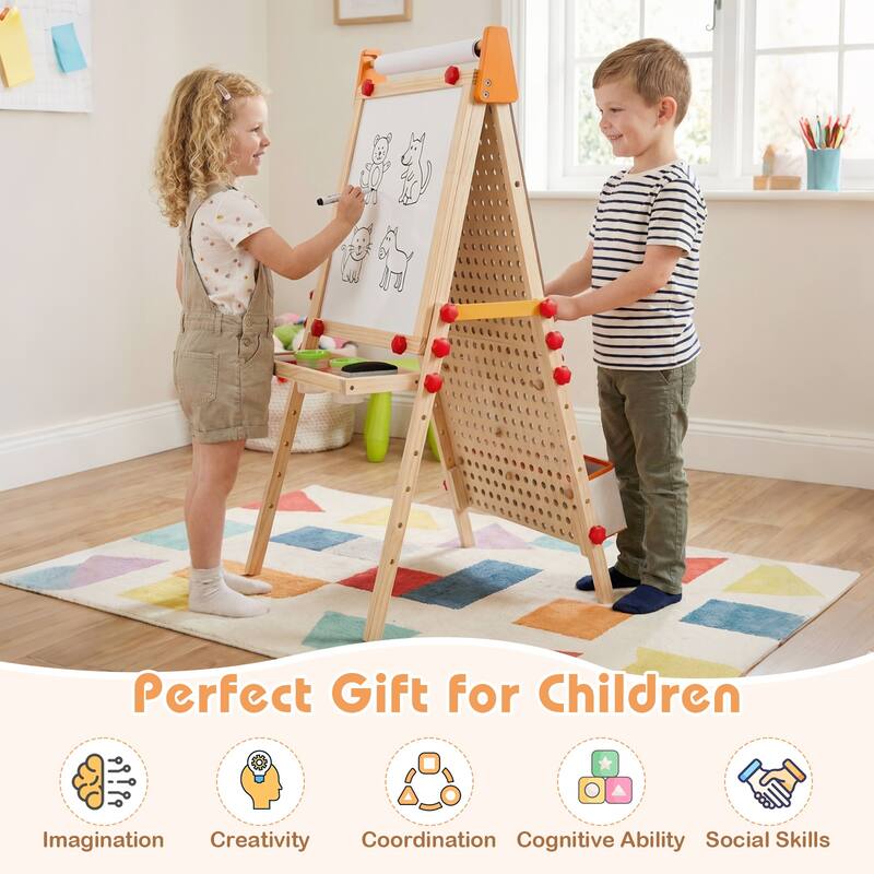 Gymax 4-in-1 Wooden Kids Art Easel w/Paper Roll Storage Tray & Marble