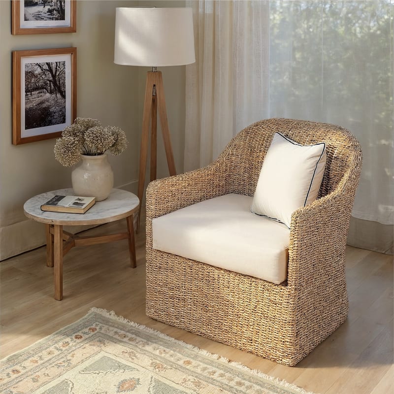Woven Water Hyacinth and Acacia Wood Chair with Cushion - 31.5"L x 31.5"W x 34.3"H - Natural
