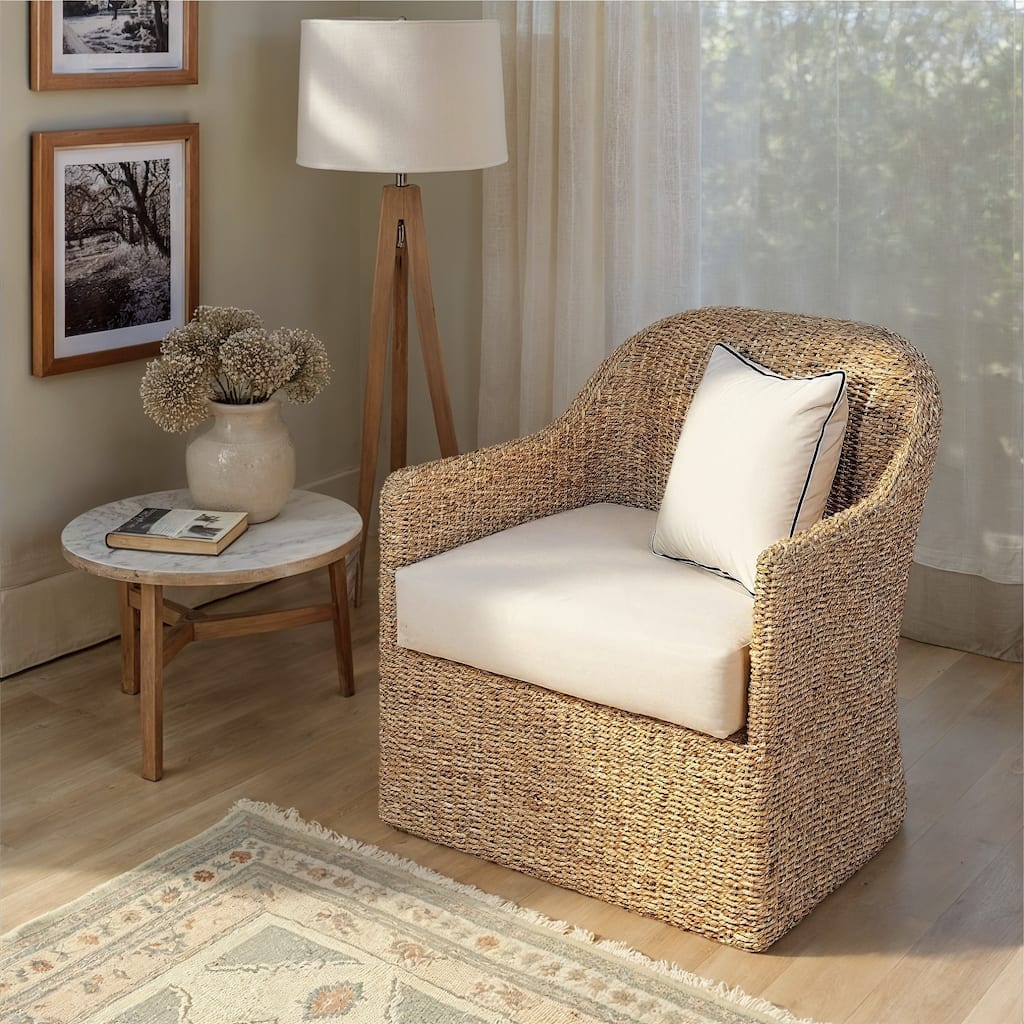 Woven Water Hyacinth and Acacia Wood Chair with Cushion - 31.5"L x 31.5"W x 34.3"H