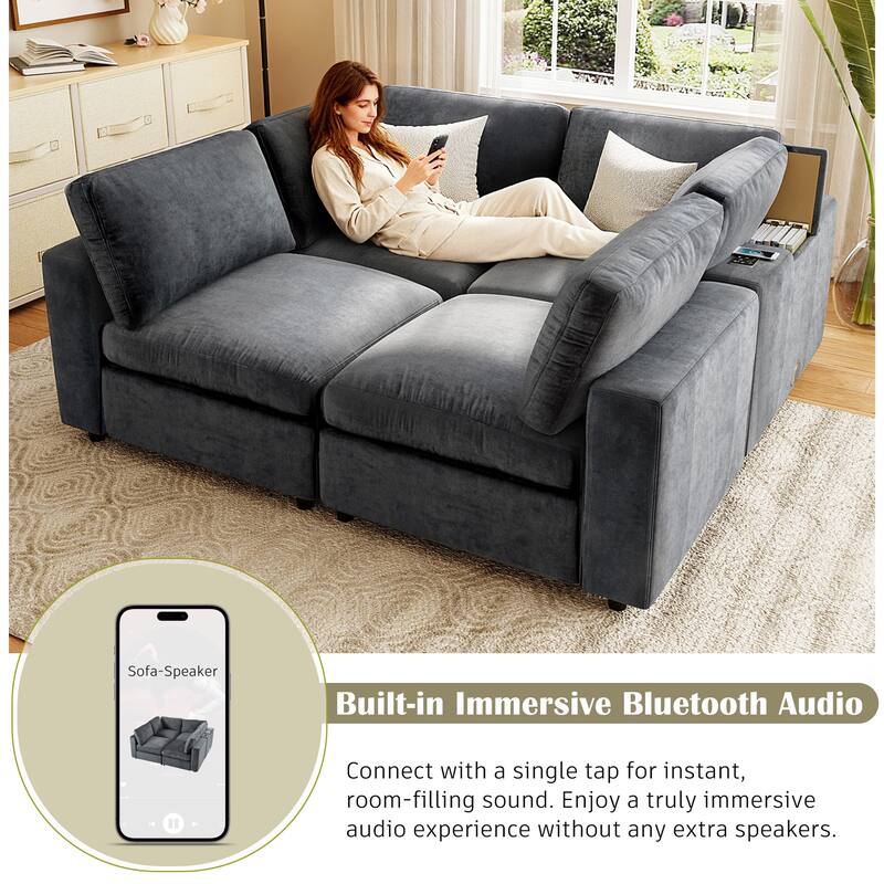 Upholstered Modular Sofa with USB Charge Ports and Wireless Charging, Built-in Bluetooth Speaker, Sectional Couch