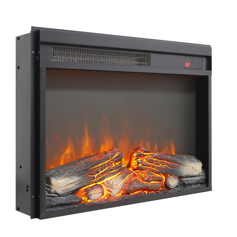 23 inch electric fireplace insert, ultra thin heater with log set & realistic flame, remote control with timer - Antique Black